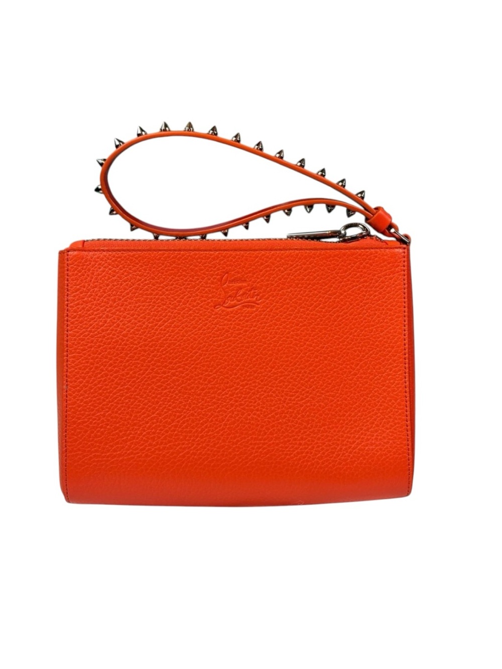 ✨💎NWT💎✨Christian Louboutin Orange Pebbled Leather Spike Wristlet - Picture 1 of 7
